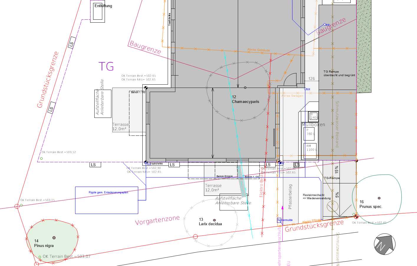 Plan mit Baumbestand sowie Sparten und Gebäudeplanung, Stadt München